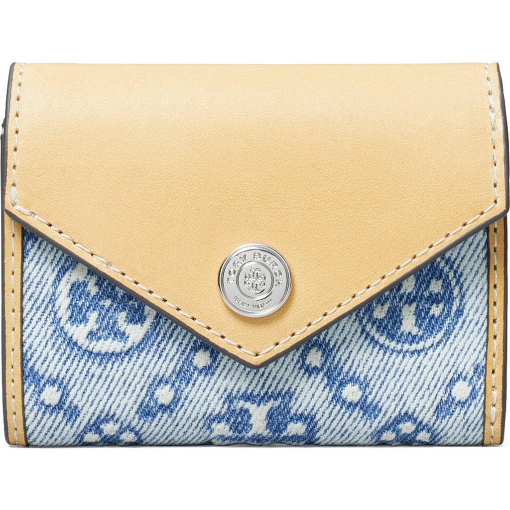 Tory Burch Key Item T Monogram Denim & Leather Wallet In Powder Blue