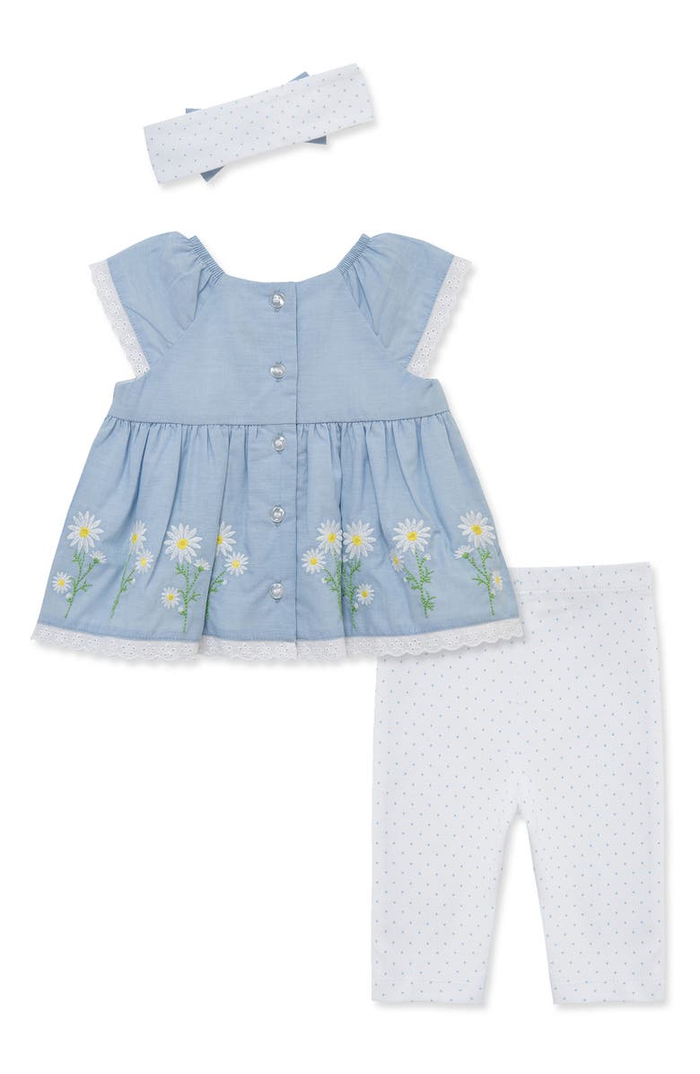 Little Me Daisy Border Top, Leggings & Headband Set, Alternate, color, Blue/ White