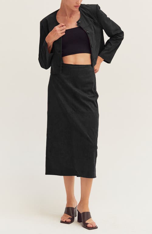 Crescent Faux Suede Pencil Midi Skirt In Black