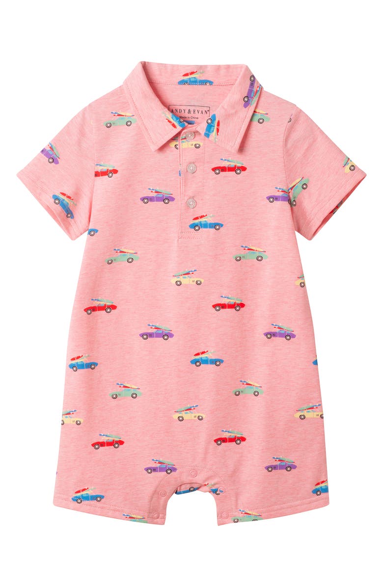 Andy & Evan Print Stretch Cotton Polo Romper, Main, color, Orange Surf