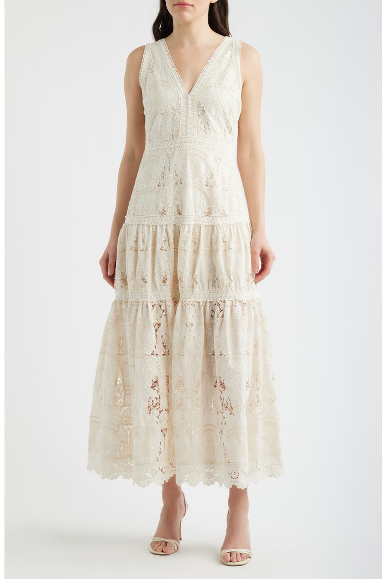 Francia Embroidered Lace Midi Dress, Main, color, CREAM