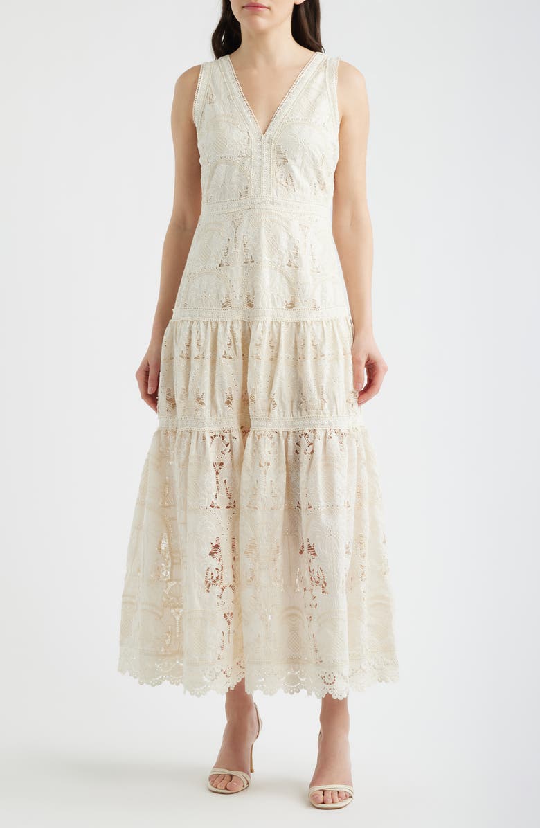 Lucy Paris Francia Embroidered Lace Midi Dress, Main, color, Cream