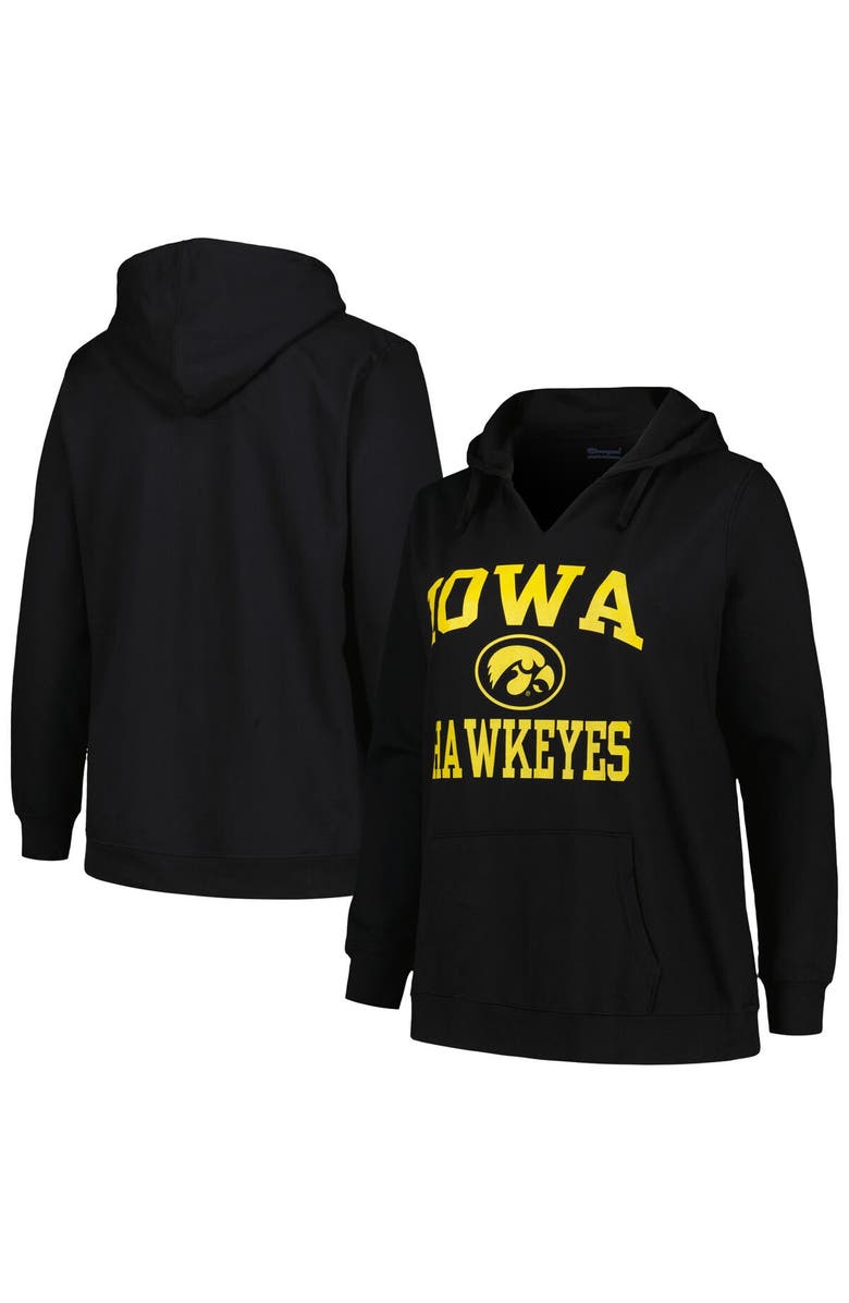 Champion Women's Champion Black Iowa Hawkeyes Plus Size Heart & Soul Notch Neck Pullover, Main, color, Black