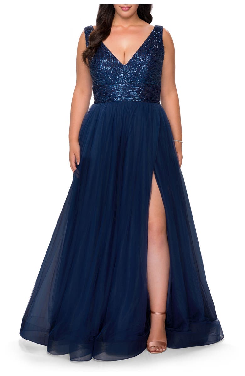 La Femme Curvy A-line Gown with Sequin Bodice and Tulle Skirt, Alternate, color, Navy