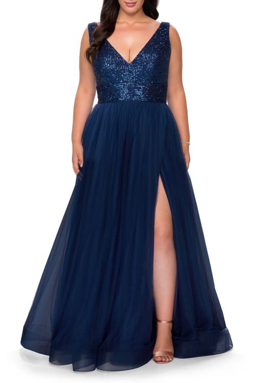 La Femme Curvy A-line Gown With Sequin Bodice And Tulle Skirt