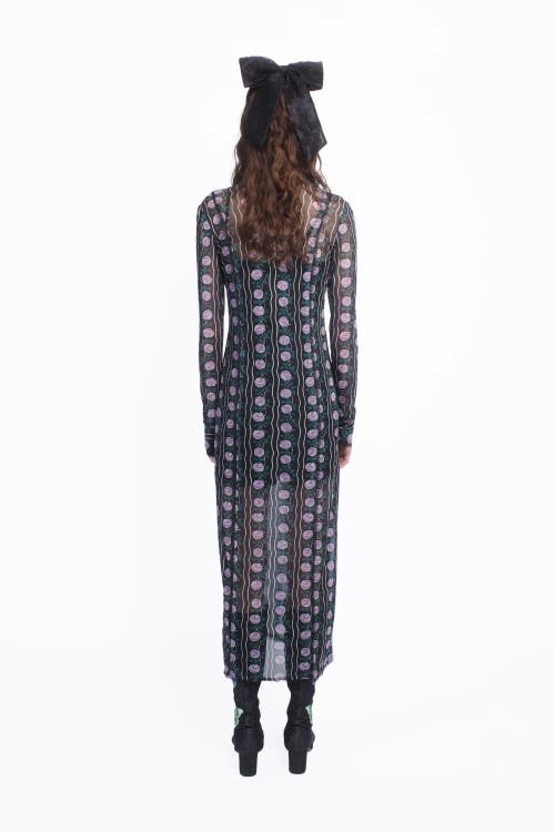 Anna Sui Rosetti Mesh Maxi Dress In Black/lilac Multi