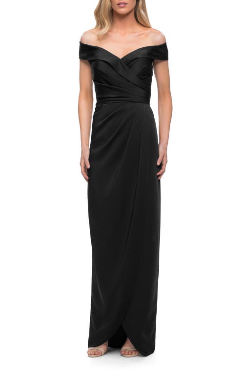 La Femme Long Jersey Dress With Ruching And Cap Sleeves In Black