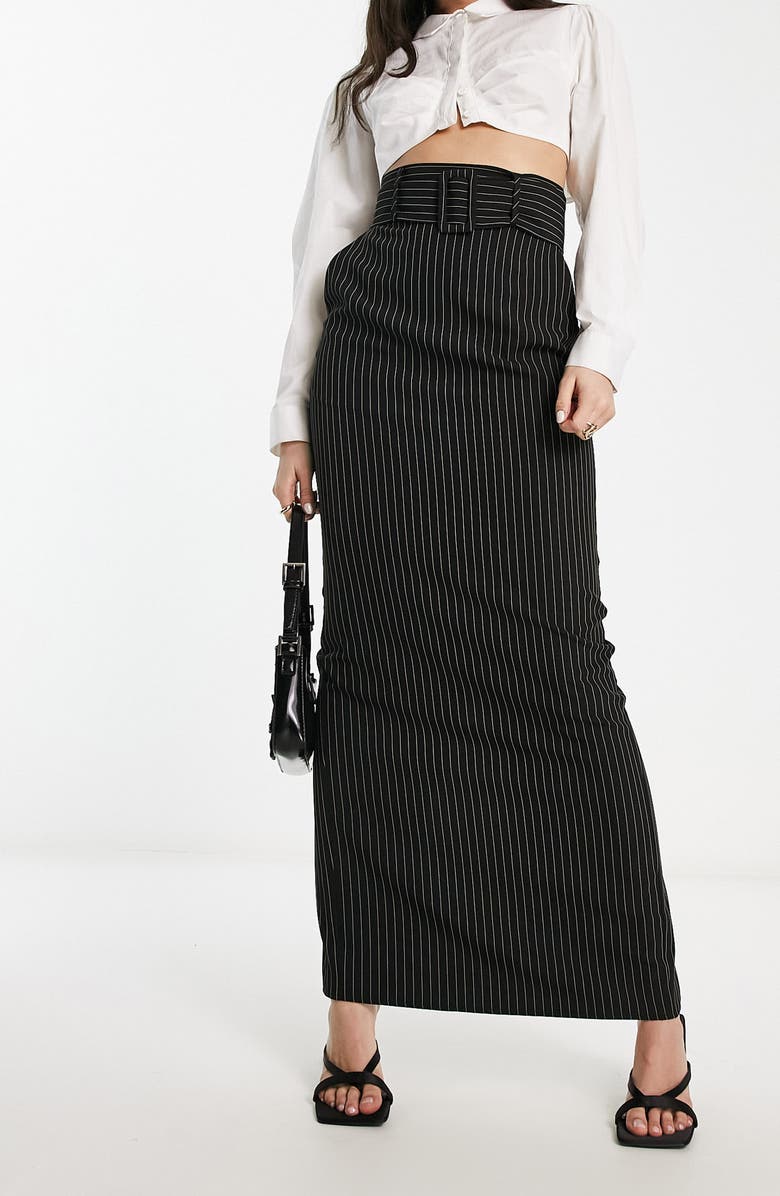 ASOS DESIGN High Waist Belted Pinstripe Skirt, Main, color,