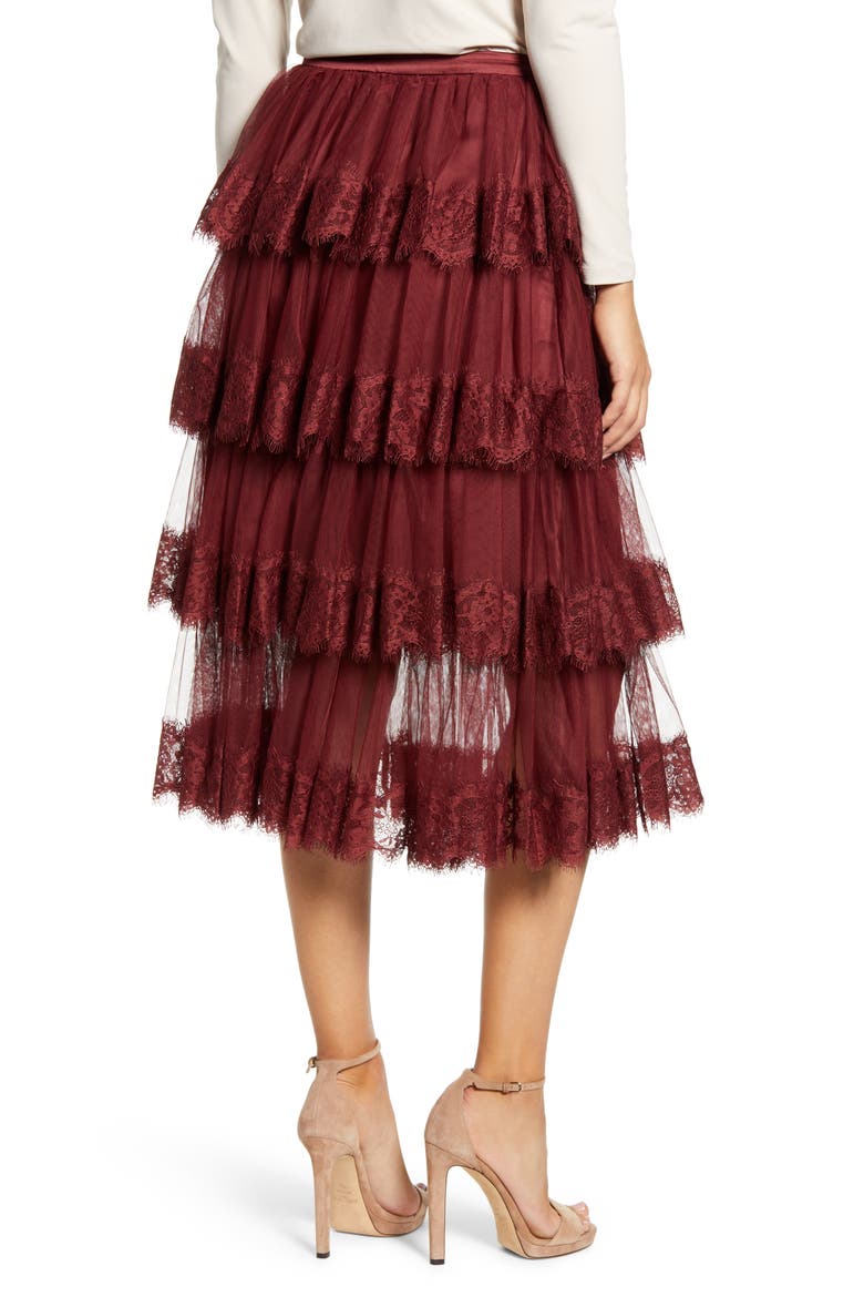 Lace Trim Tiered Mesh Skirt, Alternate, color, RED GRAPE