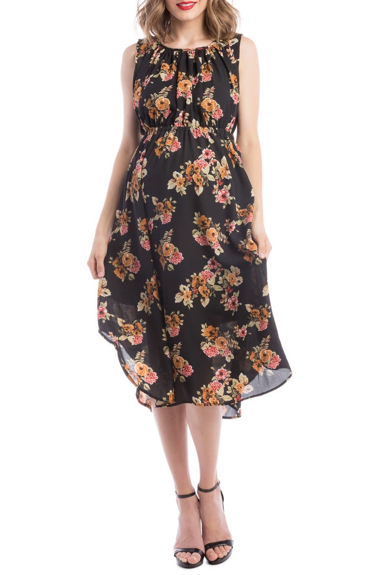 Grecian Maternity/Nursing Dress, Main, color, BLACK/ GOLD FLORAL