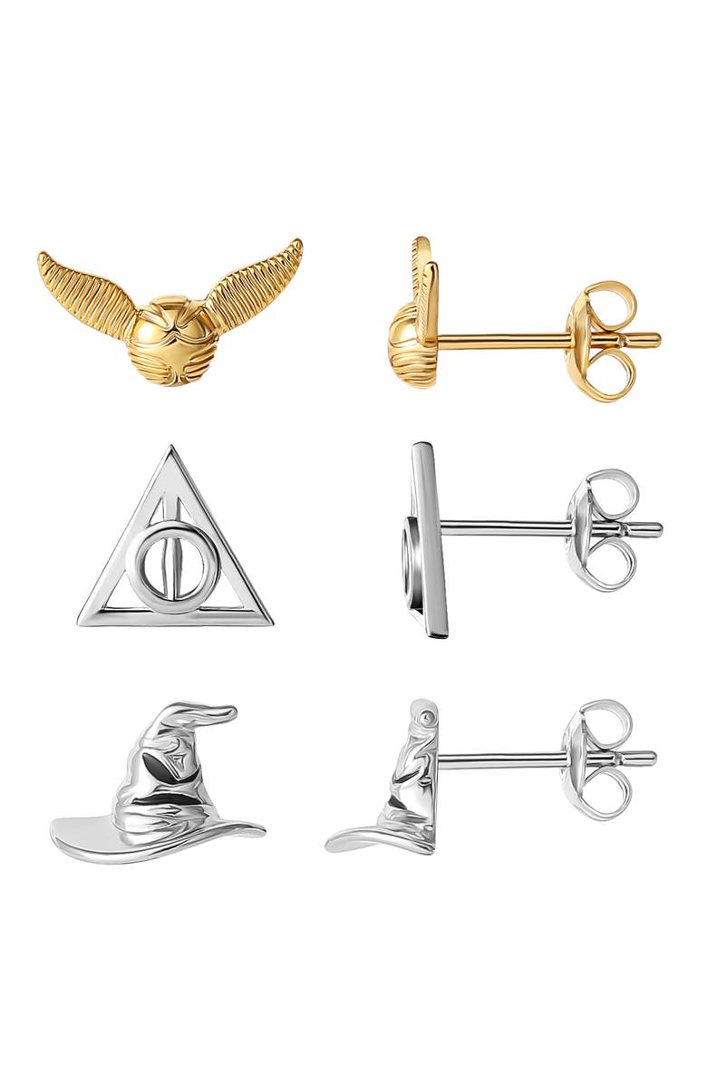 HARRY POTTER Deathly Hallows and Golden Snitch 18k Gold or Silver Flash-Plated Studs, Alternate, color, 