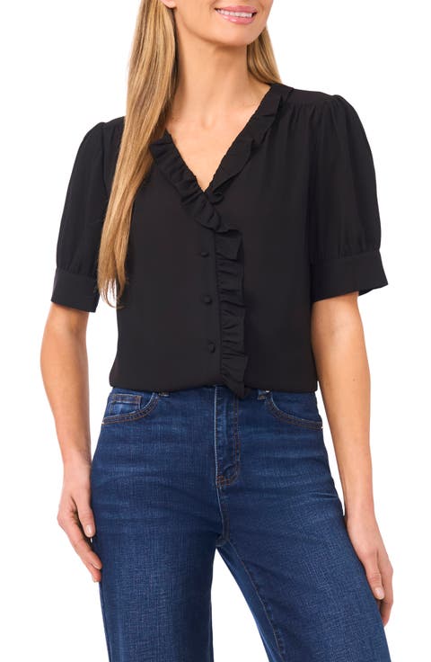 Ruffle Detail Short Sleeve Georgette Button-Up Shirt