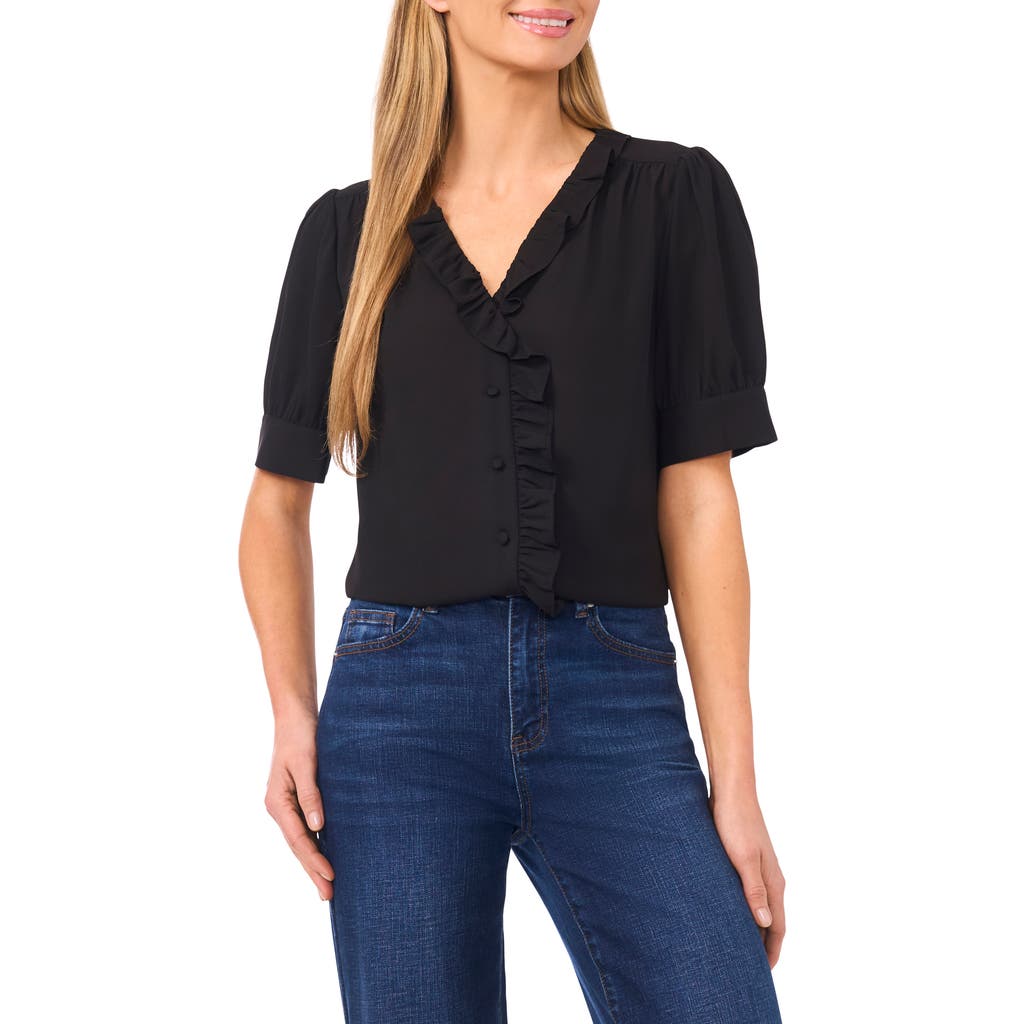 Cece Ruffle Detail Short Sleeve Georgette Button-up Shirt In Black