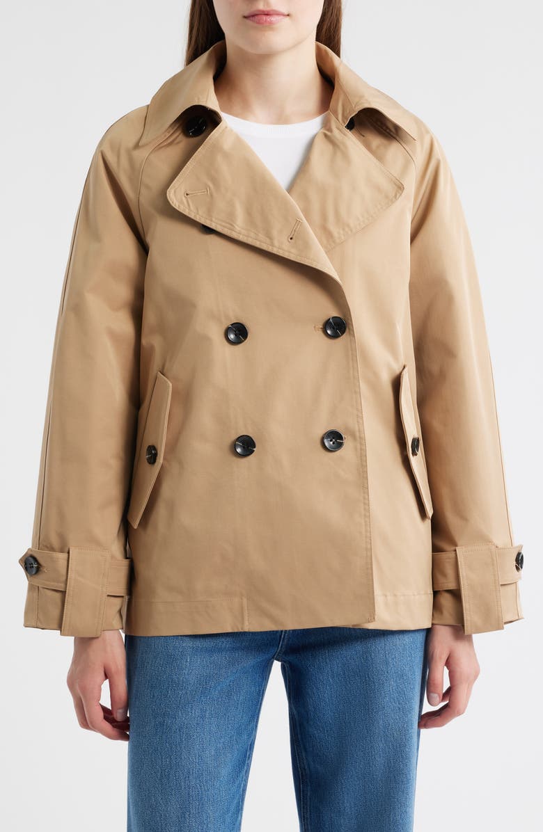 BCBG Max Azria Double Breasted Short Trench Coat, Main, color, Camel