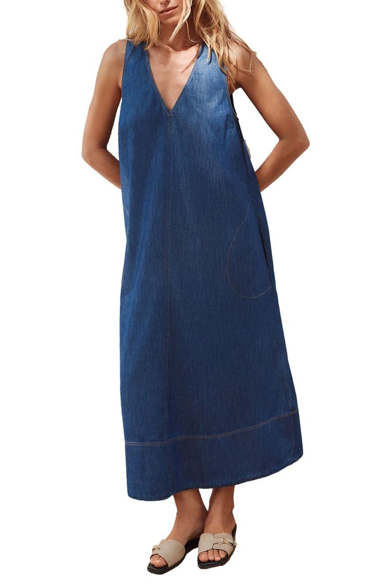 NEXT V-Neck Denim Maxi Dress with Pockets, Main, color,