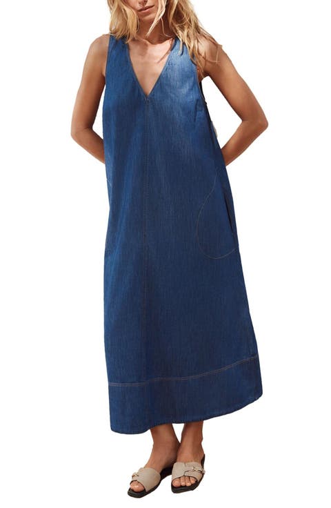 V-Neck Denim Maxi Dress with Pockets