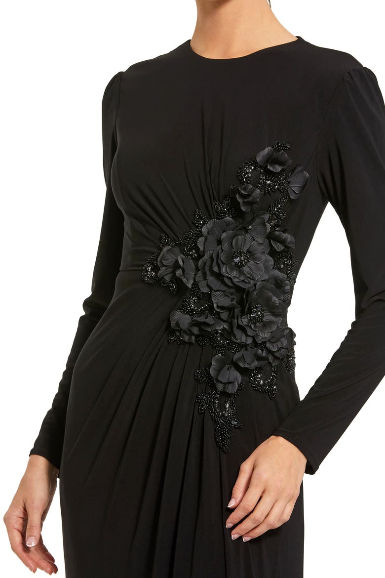 Long Sleeve High Neck Floral Beaded Jersey Gown, Alternate, color, Black