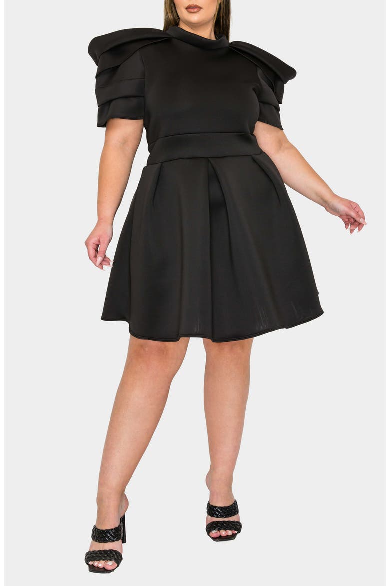 Karina Statement Stretch Neoprene Fit & Flare Dress, Alternate, color, BLACK
