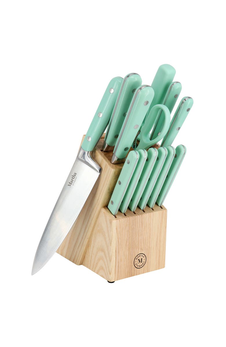 Martha Stewart Everyday 14 Piece Stainless Steel Cutlery and Wood Block Set, Main, color, Mint