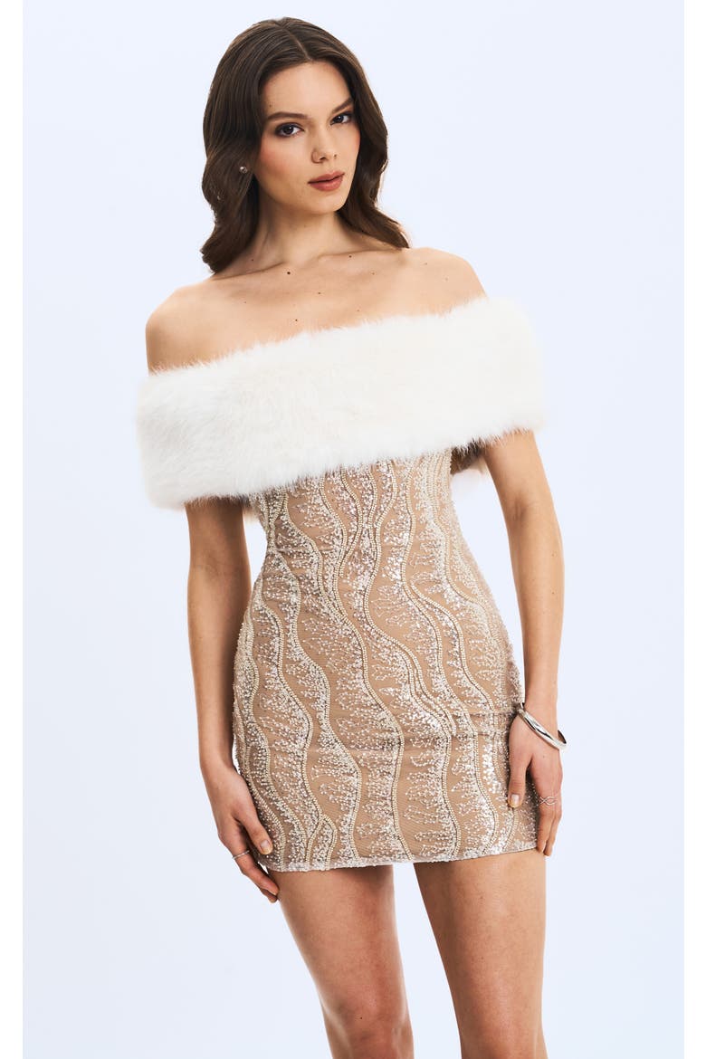 Averie Faux Fur Off Shoulder Sequin Mini Dress, Main, color, White/Beige
