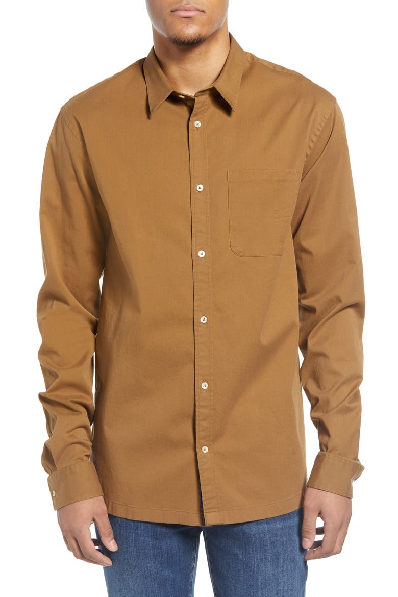 Regular Fit Stretch Twill Button-Up Shirt, Main, color, PECAN