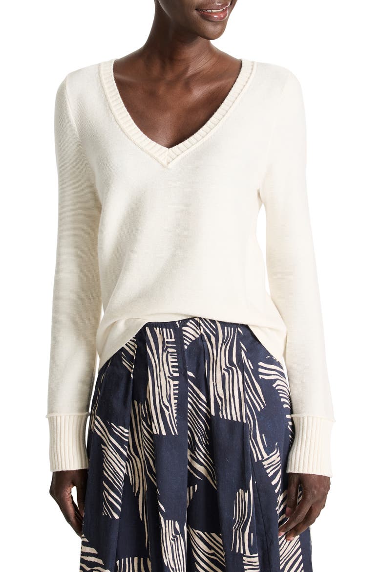 Garter V-Neck Cotton Blend Sweater, Main, color, CLASSIC CREAM