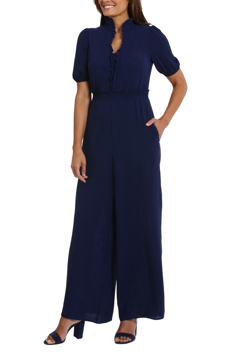 London Times Front Zip Puff Sleeve Jumpsuit, Alternate, color, Navy