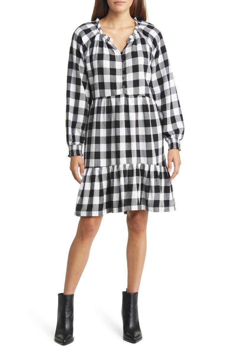 beachlunchlounge Plaid Ruffle Hem Long Sleeve Dress, Main, color, 