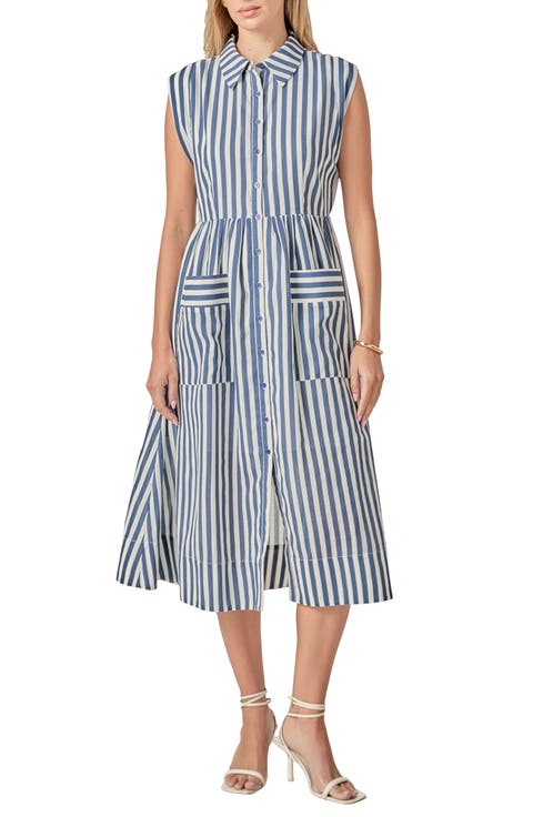Stripe Sleeveless Seersucker Midi Shirtdress