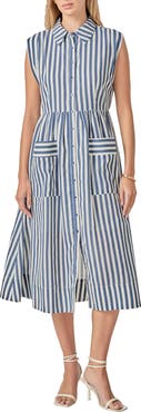 English Factory Stripe Sleeveless Seersucker Midi Shirtdress