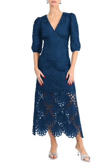 Adelyn Rae Kinsley Puff Sleeve Lace Midi Dress