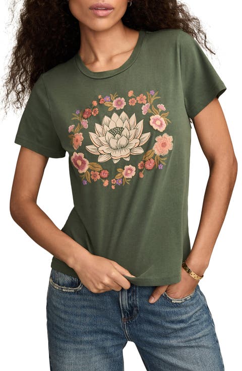Embroidered Lotus Cotton Graphic T-Shirt