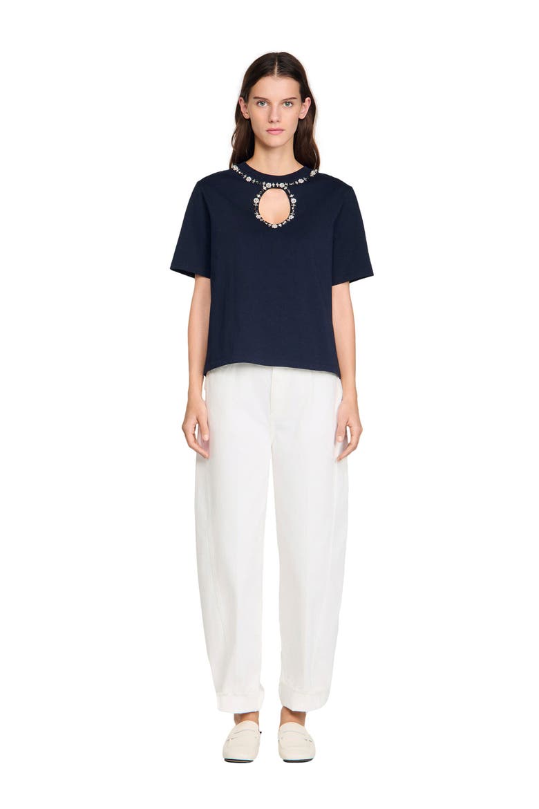 Rhinestone openwork T-shirt, Alternate, color, Navy blue