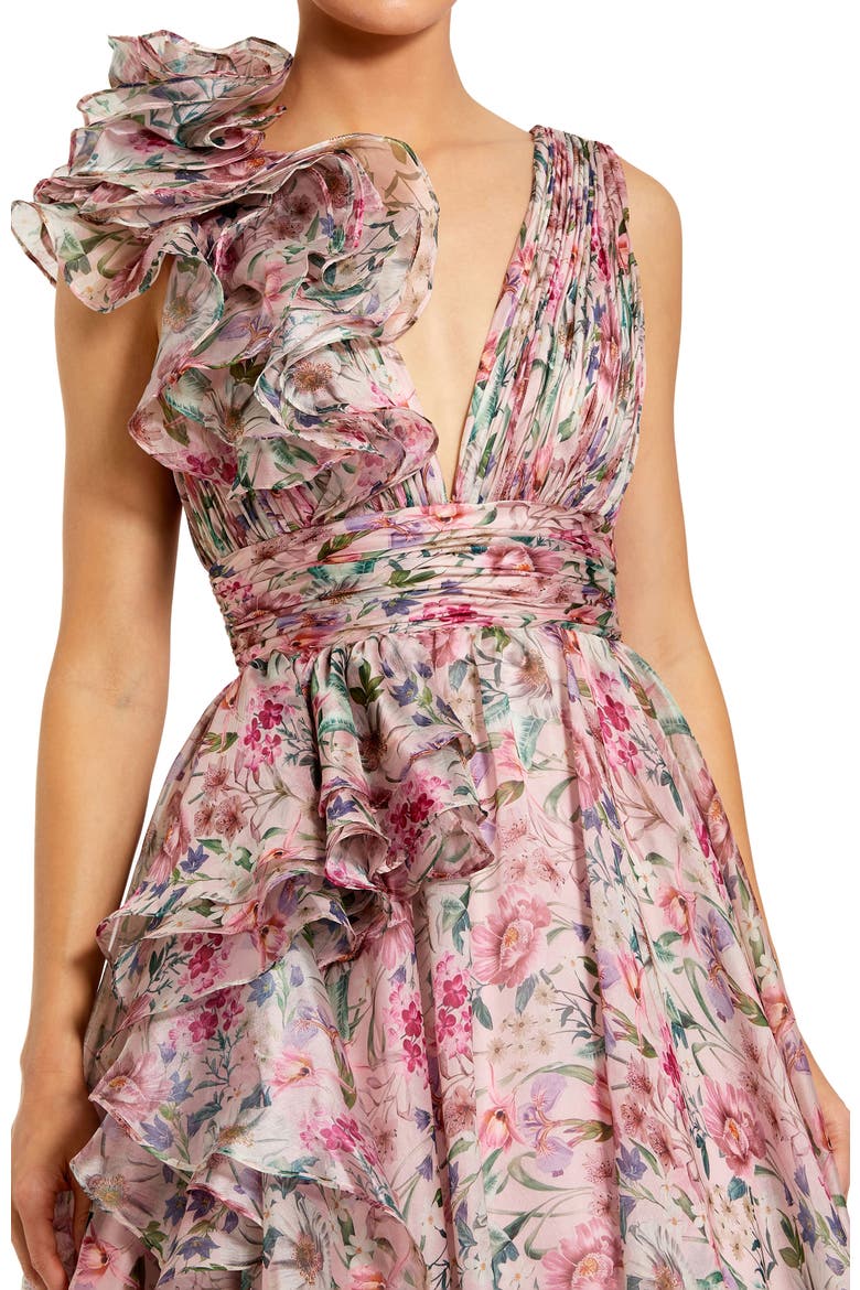 Sleeveless V-Neck Printed Chiffon Ruffle Ballgown, Alternate, color, Pink Multi