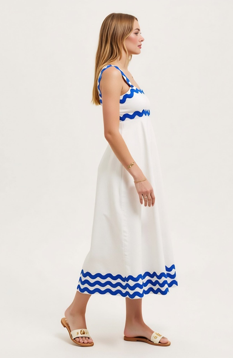 Modenaire Scalloped Strap Wave Trim A-Line Maxi Dress, Alternate, color, White / Blue Wave