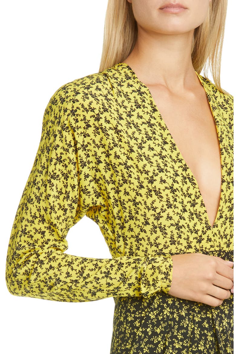 Two-Tone Floral Print Long Sleeve Crêpe de Chine Dress, Alternate, color, 4031 BLACK