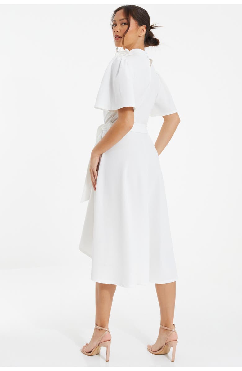 QUIZ Scuba Crepe Flower Detail Dip Hem Dress, Alternate, color, White