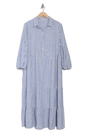 Max Studio Three-quarter Sleeve Tiered Shirtdress In Denim Stripe