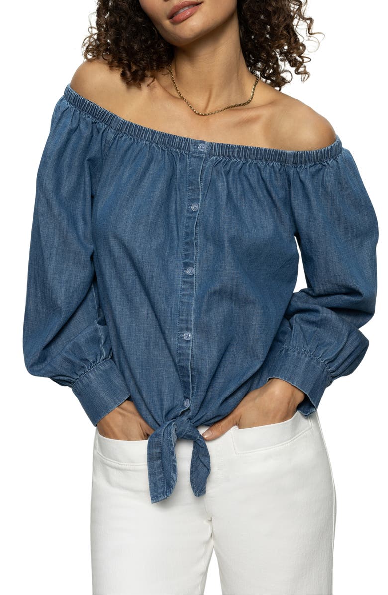 Sanctuary Off the Shoulder Ballet Tie Long Sleeve Shirt, Alternate, color, Blue Slate