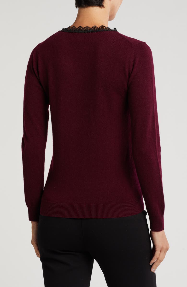 Sofia Cashmere Lace Trim V-Neck Cashmere Sweater, Alternate, color, Bordeaux