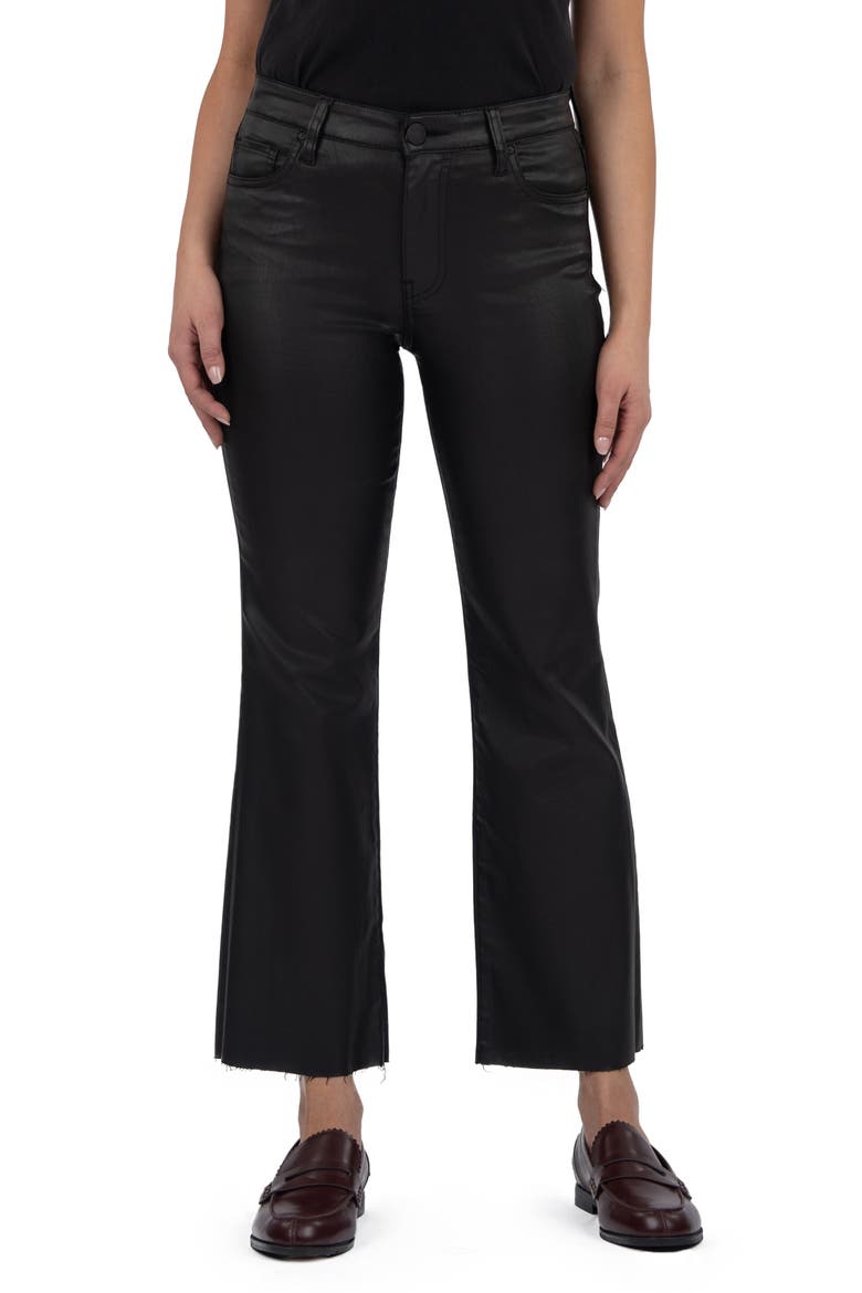 Kelsey Coated High Waist Raw Hem Kick Flare Jeans, Main, color, BLACK