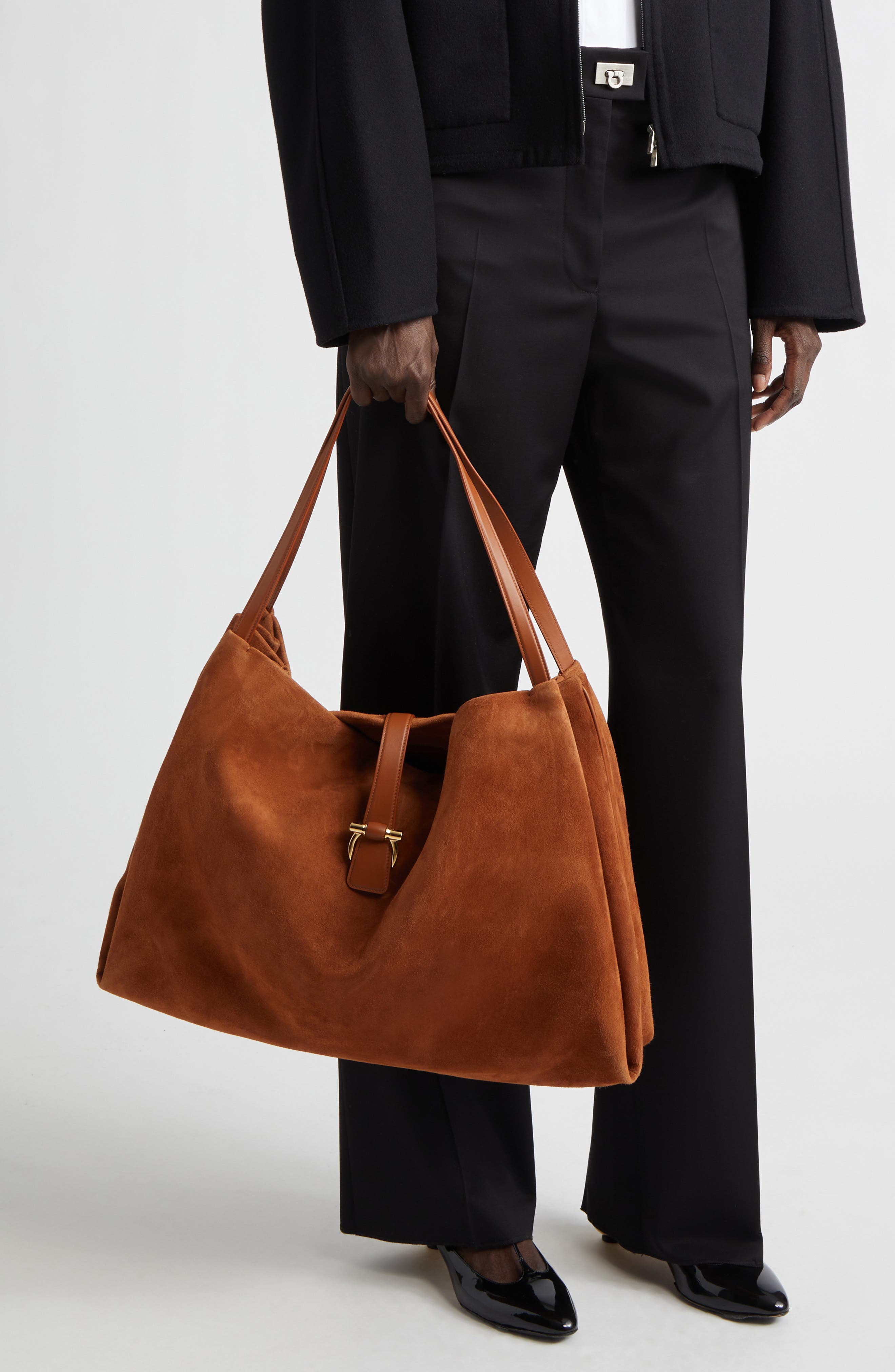 FERRAGAMO Large Lily Suede Tote, Alternate, color, Natural Resort