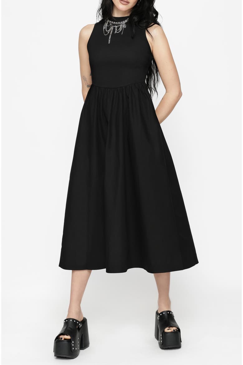 Morthira Open Back Lace Up Midi Dress, Alternate, color, Black