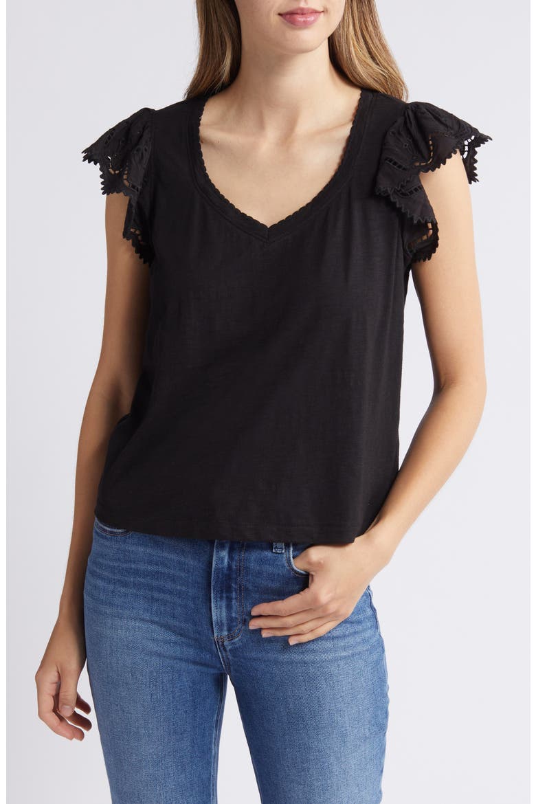 Eyelet Flutter Sleeve Jersey T-Shirt, Main, color, BLACK