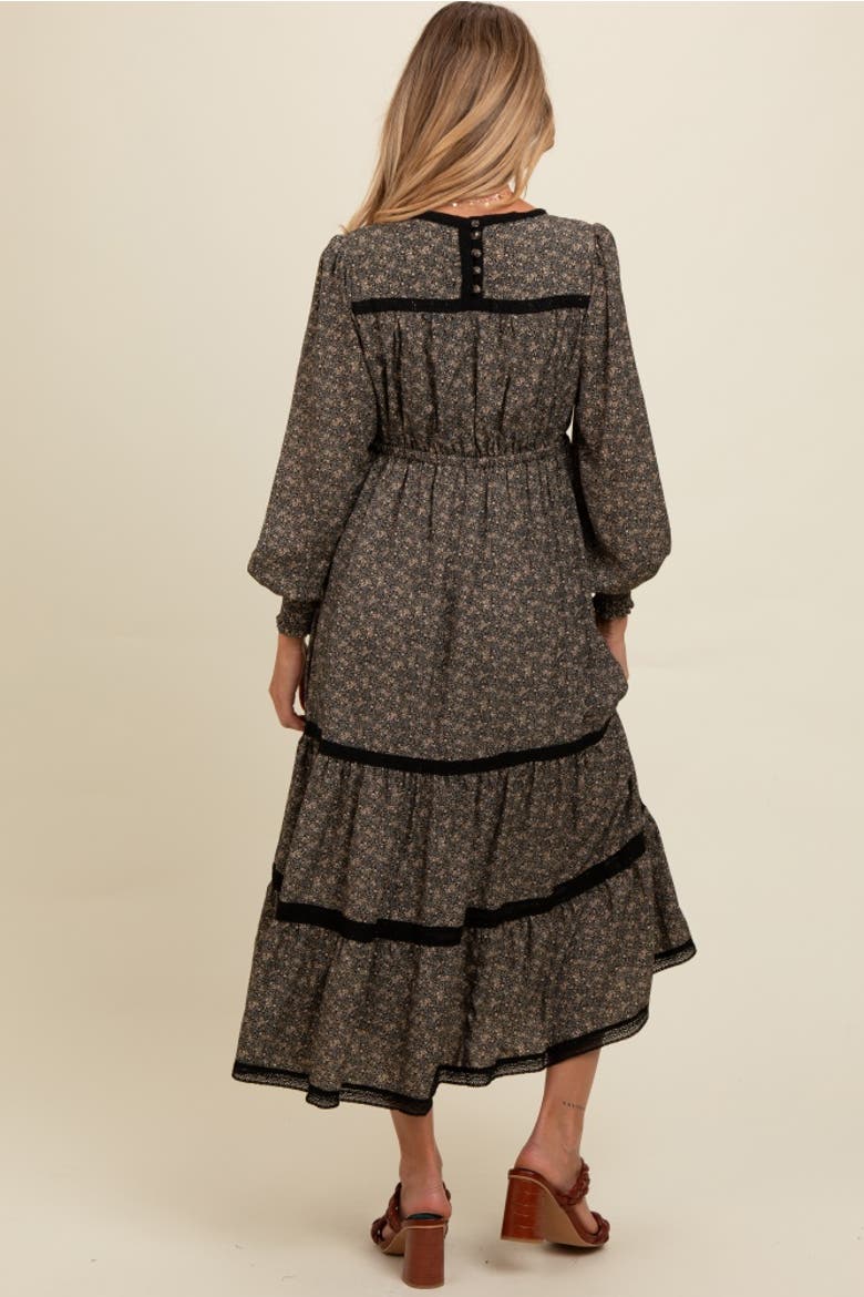 Floral Lace Trim Bubble Sleeve Maxi Dress, Alternate, color, Black
