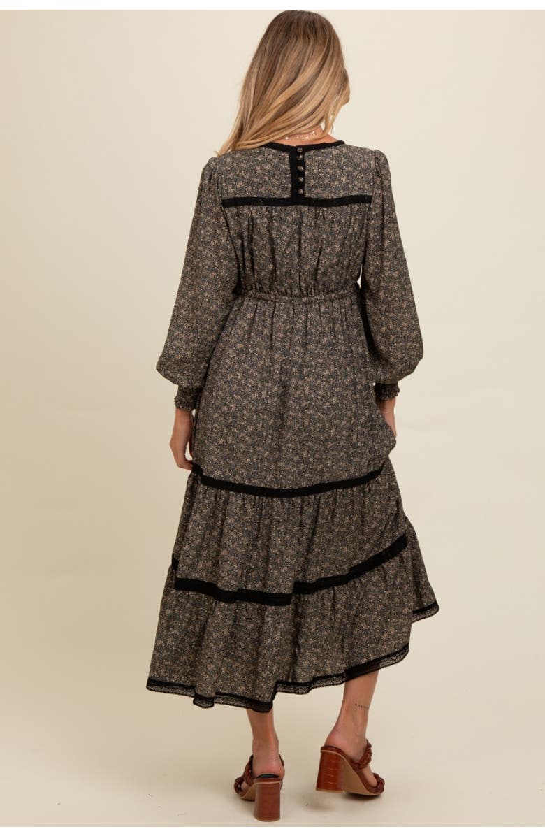 PinkBlush Floral Lace Trim Bubble Sleeve Maxi Dress, Alternate, color, Black