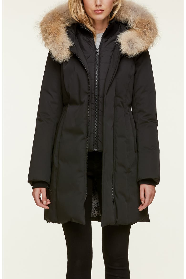 'Salma' Genuine Coyote Fur Trim Down Parka with Inset Bib, Alternate, color, BLACK