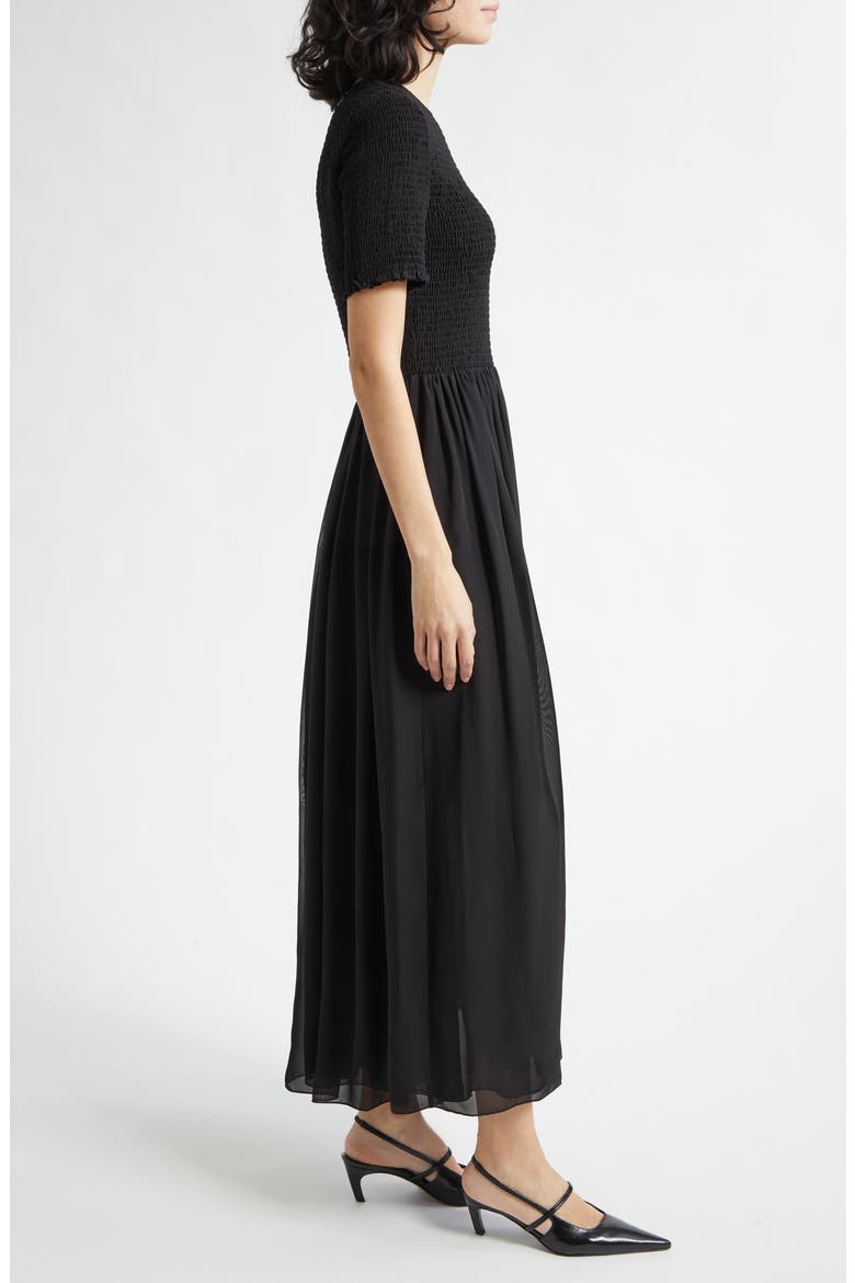 Black Techno Smocked Bodice Georgette Maxi Dress, Alternate, color, SOLID BLACK