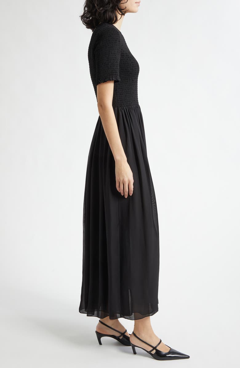 Emporio Armani Black Techno Smocked Bodice Georgette Maxi Dress, Alternate, color, Solid Black