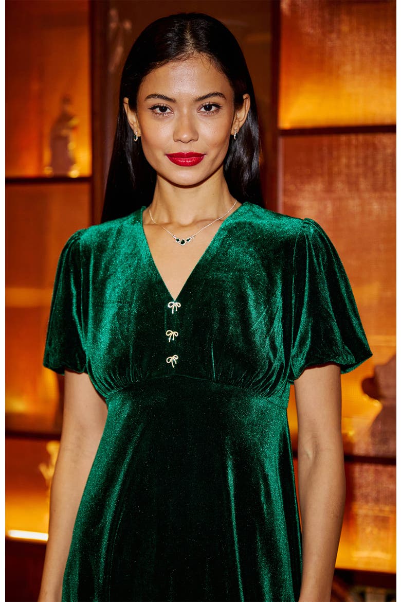 Velvet Diamante Detail Skater Dress, Alternate, color, Green
